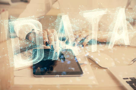 Double exposure of technology sketch hologram and woman holding and using a mobile device. Ai...
