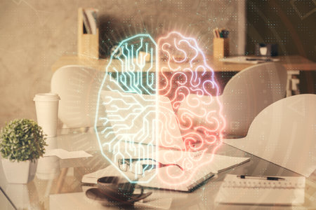 Double exposure of brain drawing and office interior background. Concept of data technology.の写真素材