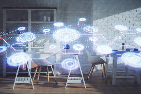 Double exposure of social network theme drawing and office interior background. Concept of web.の写真素材