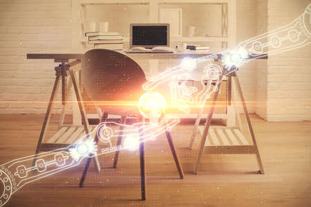 Multi exposure of data theme drawing and office interior background. Concept of technology.の写真素材
