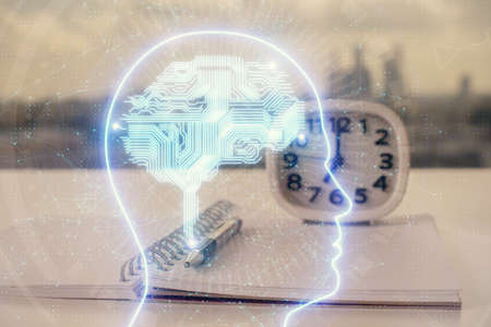 Multi exposure of brain drawings and desk with open notebook background. Concept of AIの写真素材