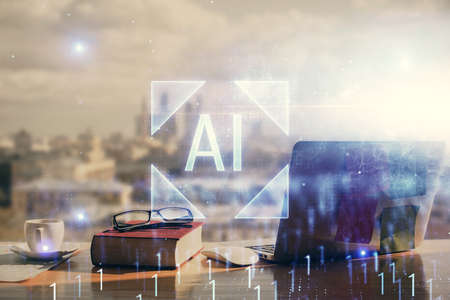 Multi exposure of data theme drawings and desk with open notebook background. Concept of educationの写真素材