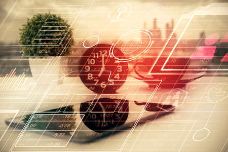 Double exposure of data theme drawing and mobile phone background. Concept of innovation