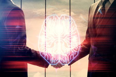 Double exposure of brain hologram and handshake of two men. Partnership in IT industry concept.