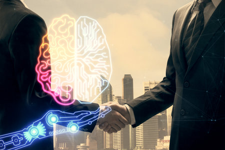Double exposure of brain hologram and handshake of two men. Partnership in IT industry concept.の写真素材