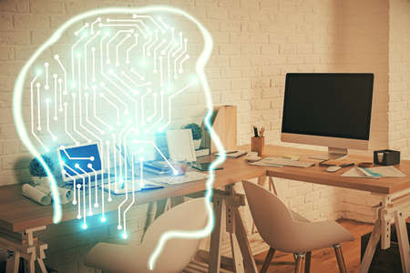 Double exposure of brain drawing and office interior background. Concept of data technology.