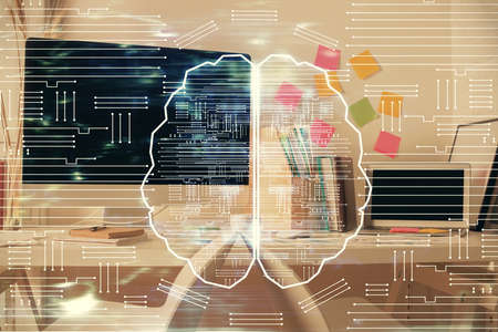 Double exposure of brain drawing and office interior background. Concept of data technology.