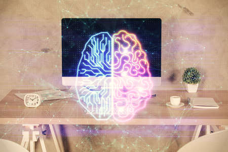 Multi exposure of brain drawing and office interior background. Concept of data technology.