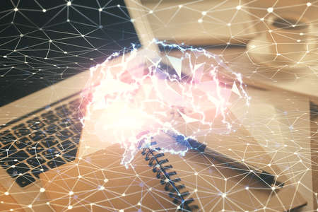 Double exposure of brain drawing and desktop with coffee and items on table background. Concept of...