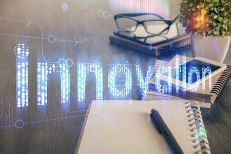 Double exposure of data theme drawing and mobile phone background. Concept of innovationの写真素材