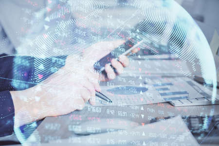 Double exposure of mans hands holding and using a phone and international business theme drawing.の写真素材