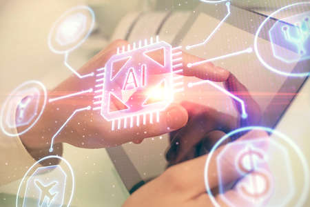 Multi exposure of mans hand holding and using a digital device and data theme drawing. Innovation concept.の写真素材