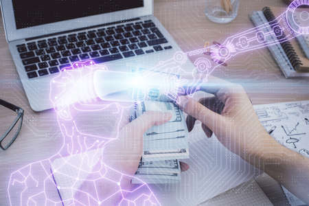 Multi exposure of vr glasses drawing hologram and USA dollars bills and man hands.の写真素材