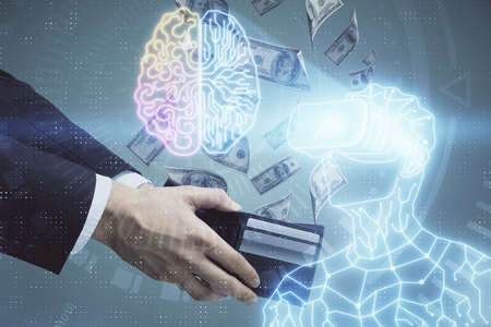 Multi exposure of vr glasses drawing hologram and USA dollars bills and man hands.の写真素材
