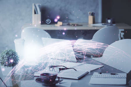 Double exposure of social network theme drawing and office interior background. Concept of web.の写真素材