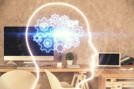 Multi exposure of brain drawing and office interior background. Concept of data technology.
