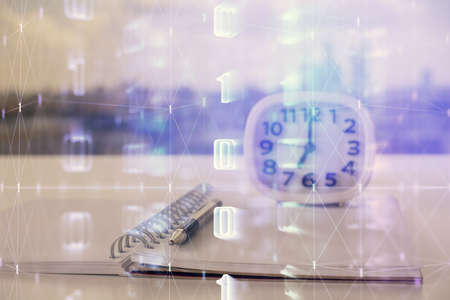 Multi exposure of data theme drawings and desk with open notebook background. Concept of educationの写真素材