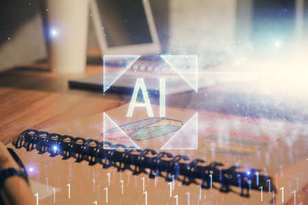 Multi exposure of data theme drawings and desk with open notebook background. Concept of educationの写真素材