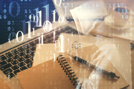 Double exposure of technology theme drawing and desktop with coffee and items on table background....