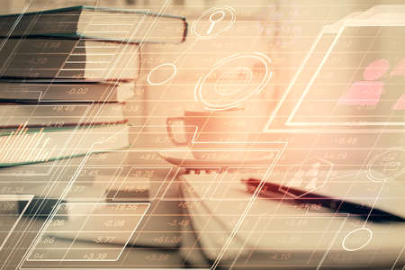 Double exposure of technology theme drawing and desktop with coffee and items on table background. Concept of data research.の写真素材