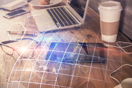 Double exposure of map drawing and cell phone background. Concept of data globalization