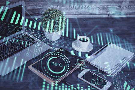 Double exposure of tech theme sketch over cell phone background. Concept of technology