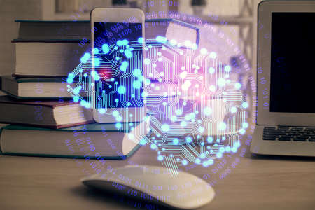 Double exposure of brain theme drawing and cell phone background. Concept of information