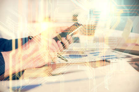 Multi exposure of mans hands holding and using a digital device and map drawing. International business concept.の写真素材