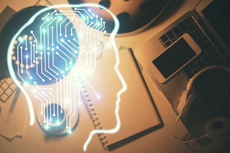 Double exposure of brain sketch and table top veiw. Concept of data analysis.の写真素材