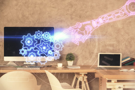 Multi exposure of data theme drawing and office interior background. Concept of technology.