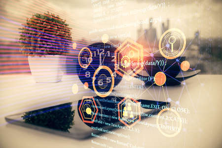 Double exposure of data theme drawing and mobile phone background. Concept of innovation
