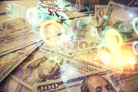 Multi exposure of forex chart drawing over us dollars bill background. Concept of financial success markets.の写真素材