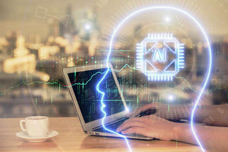 Multi exposure of woman hands working on computer and human brain hologram drawing. Ai tech concept.の写真素材