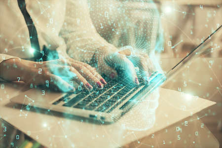 Multi exposure of woman hands working on computer and human brain hologram drawing. Ai tech concept.