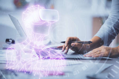 Double exposure of woman hands typing on computer and man in AR glasses drawing. Education concept.