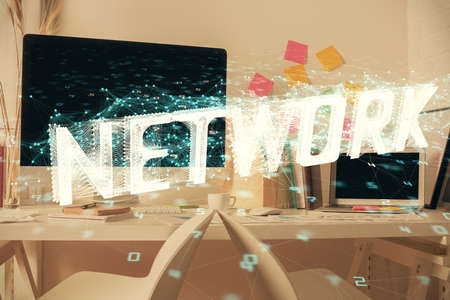 Double exposure of data theme drawing and office interior background. Concept of technology.の写真素材