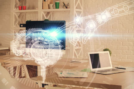 Multi exposure of brain drawing and office interior background. Concept of data technology.