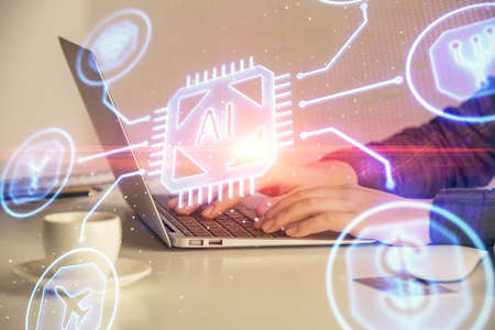 Multi exposure of woman hands working on computer and data theme hologram drawing. Tech concept.