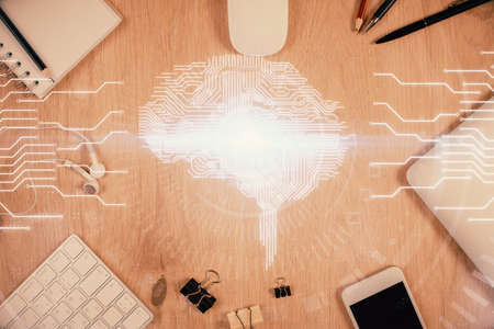 Double exposure of brain drawing over work table desktop. Top view. Global data analysis concept.