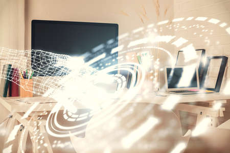 Double exposure of data theme drawing and office interior background. Concept of technology.の写真素材