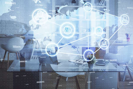 Double exposure of social network theme drawing and office interior background. Concept of web.