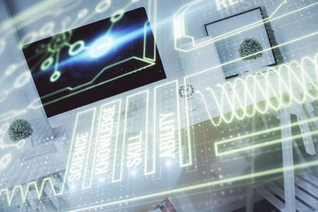 Double exposure of education theme drawing and office interior background. Concept of science.