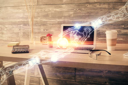 Multi exposure of data theme drawing and office interior background. Concept of technology.