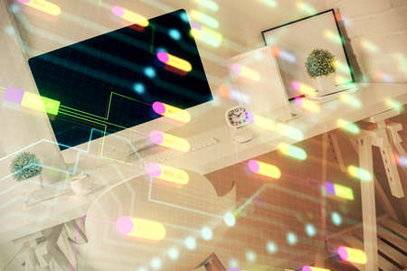 Multi exposure of data theme drawing and office interior background. Concept of technology.