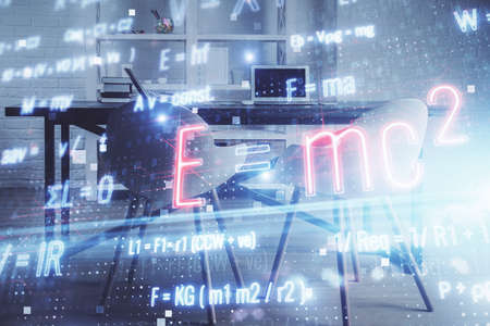 Double exposure of formulas drawing and office interior background. Concept of education.