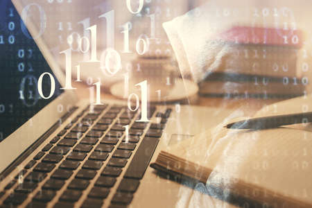 Double exposure of technology theme drawing and desktop with coffee and items on table background....