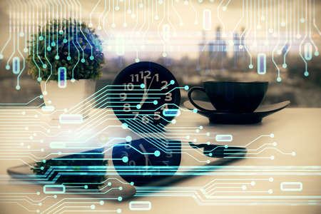 Double exposure of data theme drawing and mobile phone background. Concept of innovationの写真素材