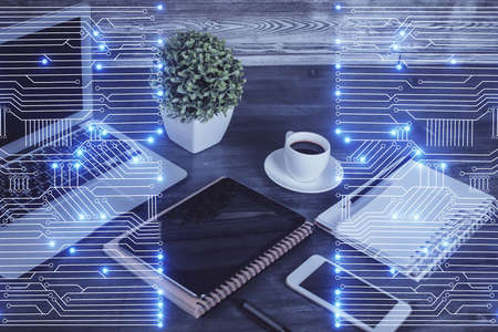 Double exposure of tech theme sketch over cell phone background. Concept of technologyの写真素材