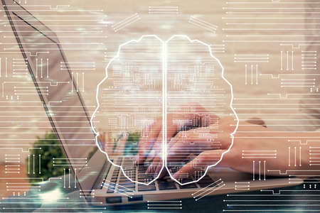 Multi exposure of woman hands working on computer and brain hologram drawing. Ai concept.