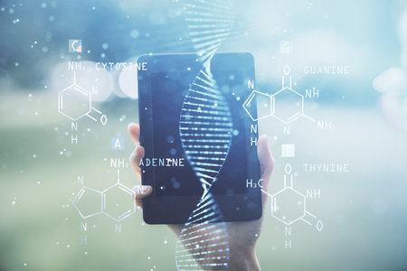 Double exposure of DNA sketch hologram and woman holding and using a mobile device. Education concept.の写真素材